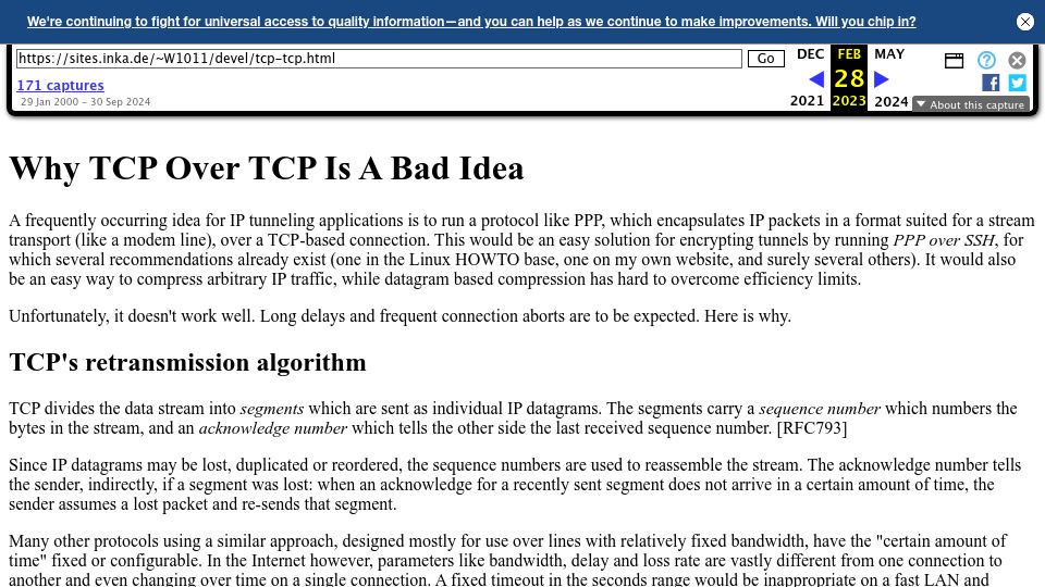 Screenshot of web.archive.org: TCP over TCP is a bad idea (2000)