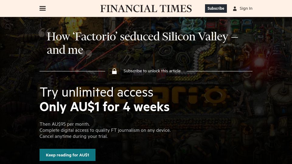 Screenshot of ft.com: How 'Factorio' seduced Silicon Valley and me
