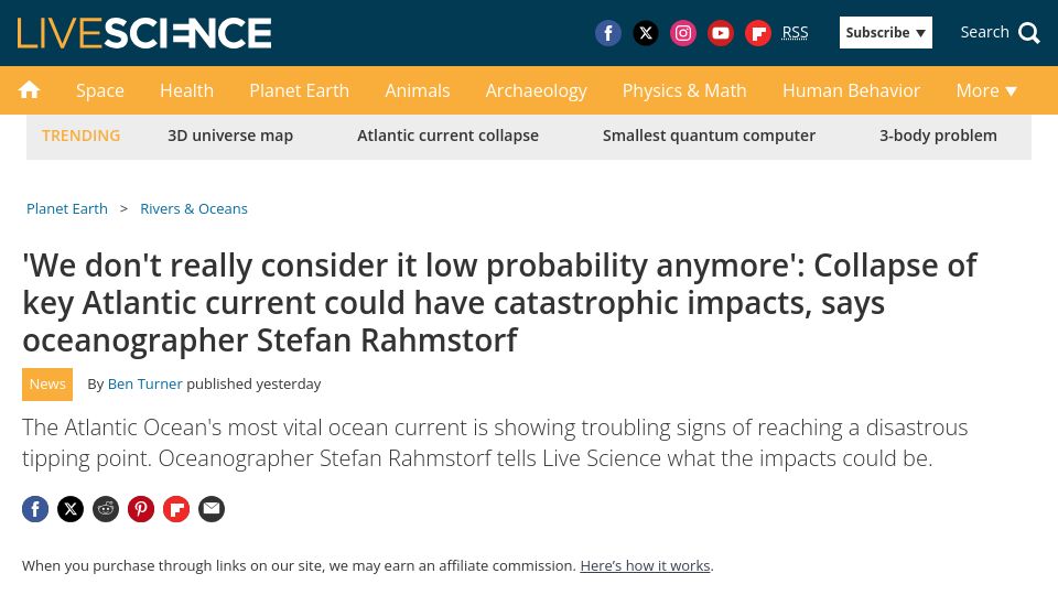 Screenshot of livescience.com: Collapse of key Atlantic current could have catastrophic impacts