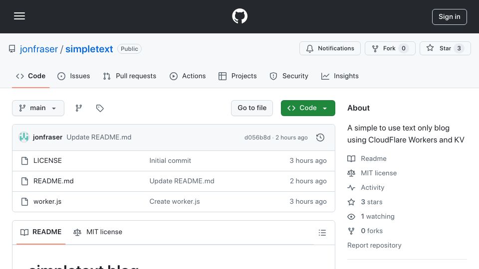 Screenshot of github.com: Show HN: A text-only blog engine using Cloudflare workers and KV store