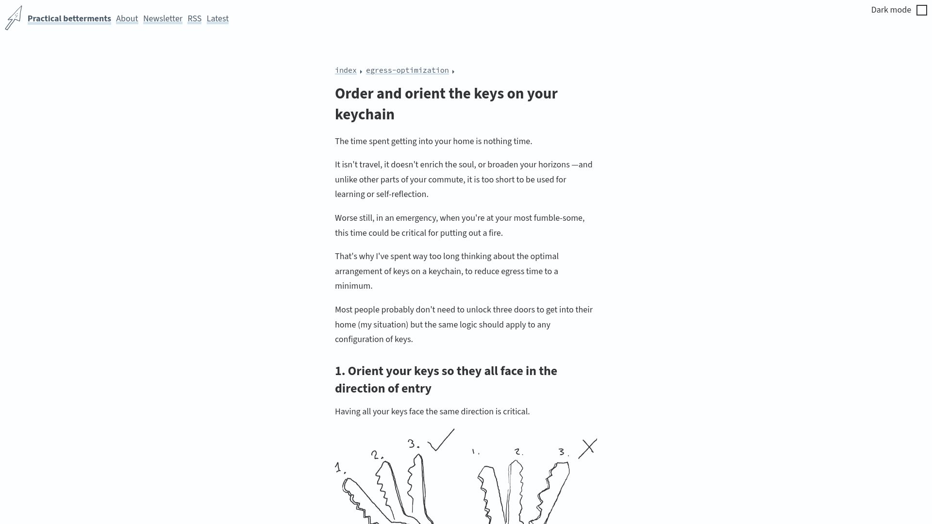Screenshot of practicalbetterments.com: Order and orient the keys on your keychain