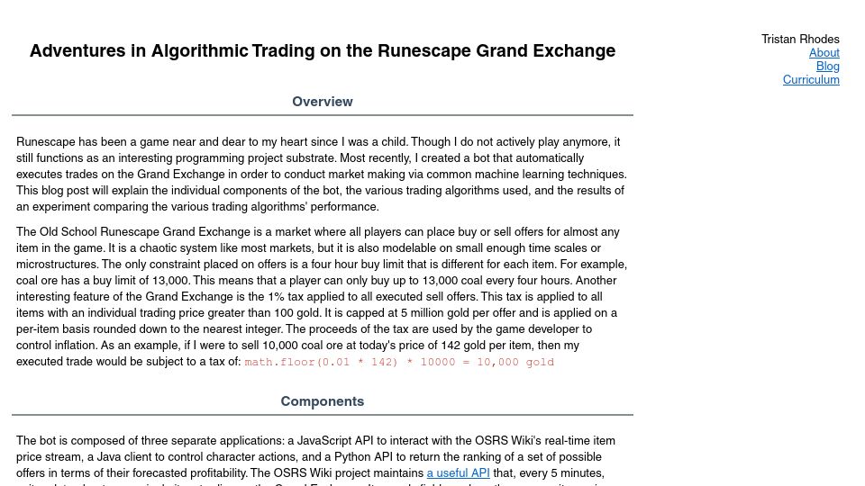 Screenshot of tristanrhodes.com: Adventures in algorithmic trading on the Runescape Grand Exchange