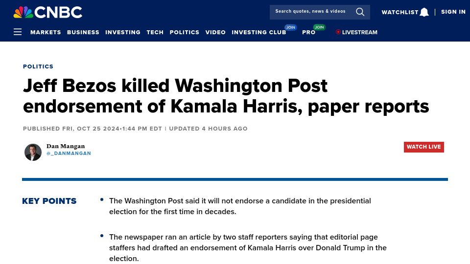 Screenshot of cnbc.com: Jeff Bezos killed Washington Post endorsement of Kamala Harris