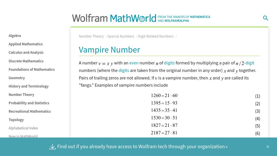 Screenshot of mathworld.wolfram.com: Vampire Number