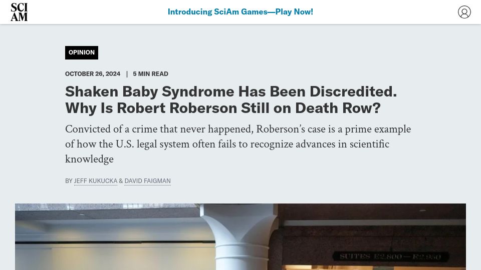 Screenshot of scientificamerican.com: Shaken Baby Syndrome Has Been Discredited. Why Is Roberson Still on Death Row?
