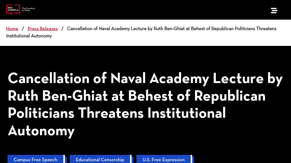 Screenshot of pen.org: Cancellation of Naval Academy Lecture by Ruth Ben-Ghiat Threatens Inst. Autonomy