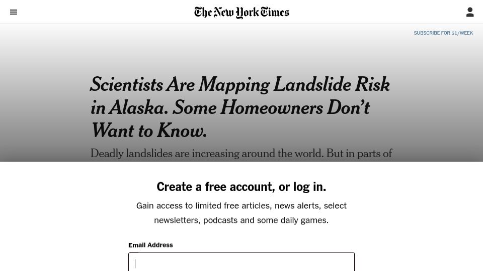Screenshot of nytimes.com: Scientists are mapping landslide risk in Alaska