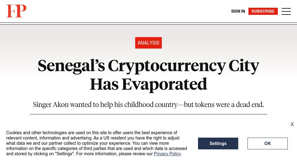 Screenshot of foreignpolicy.com: Akon's Cryptocurrency City in Senegal Has Evaporated