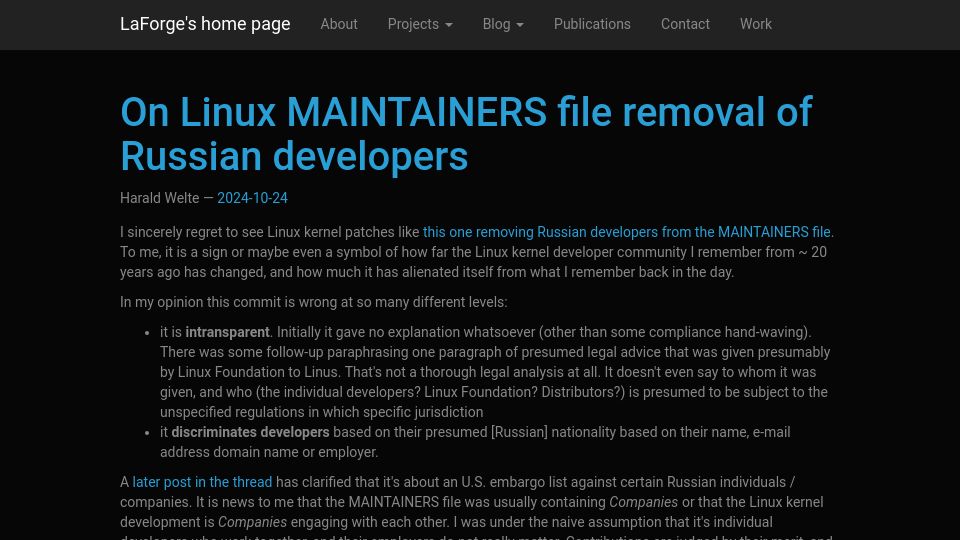 Screenshot of laforge.gnumonks.org: On Linux MAINTAINERS file removal of Russian developers