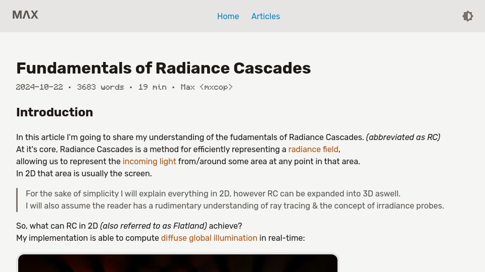 Screenshot of m4xc.dev: Fundamentals of Radiance Cascades