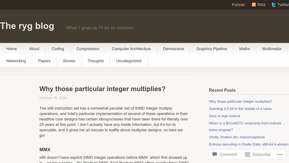 Screenshot of fgiesen.wordpress.com: Why those particular integer multiplies?
