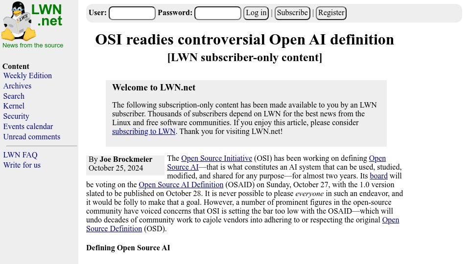 Screenshot of lwn.net: OSI readies controversial open-source AI definition