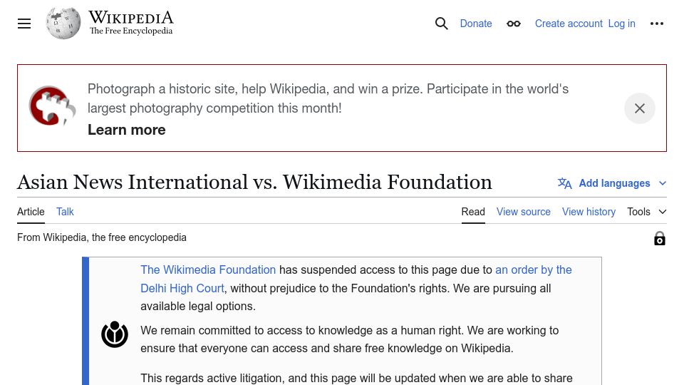 Screenshot of en.wikipedia.org: Wikipedia article blocked worldwide by Delhi high court