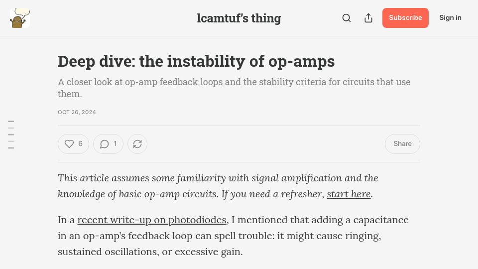 Screenshot of lcamtuf.substack.com: Deep dive: the instability of op-amps