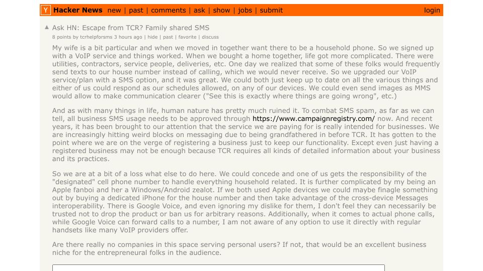 Screenshot of Hacker News post: Ask HN: Escape from TCR? Family shared SMS