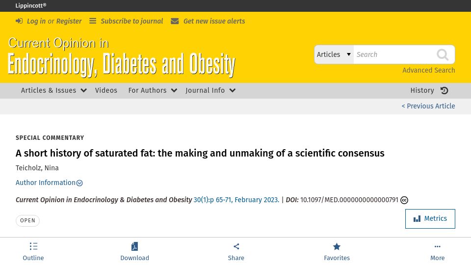 Screenshot of journals.lww.com: Saturated fat: the making and unmaking of a scientific consensus (2022)