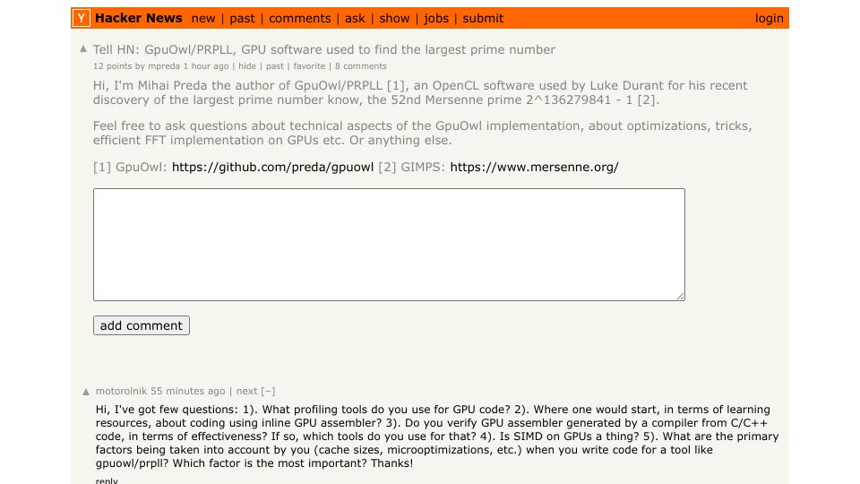Screenshot of Hacker News post: Tell HN: GpuOwl/PRPLL, GPU software used to find the largest prime number