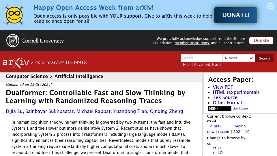 Screenshot of arxiv.org: Controllable Fast and Slow Thinking by Learning with Randomized Reasoning Traces