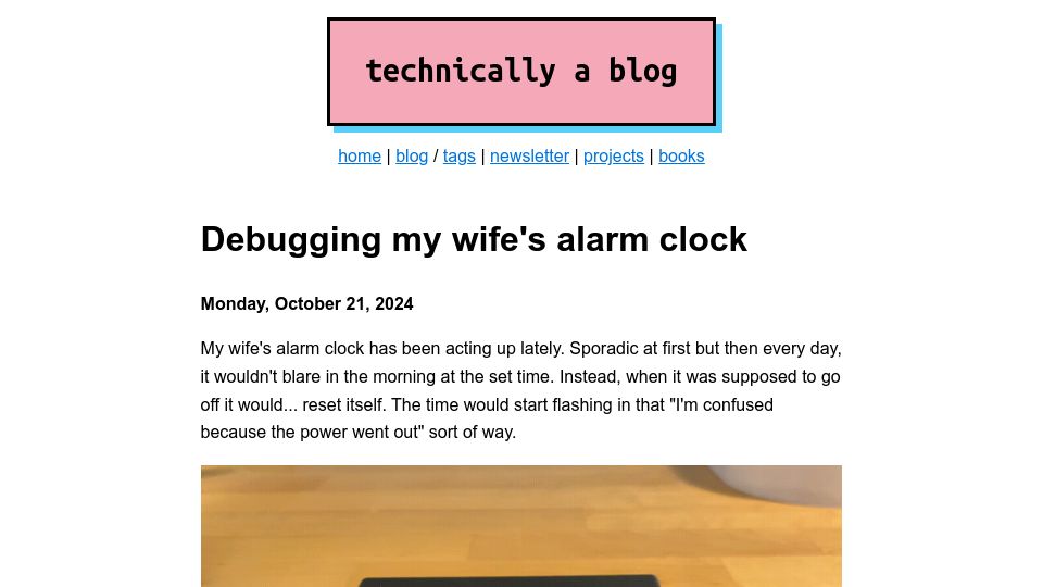 Screenshot of ntietz.com: Debugging my wife's alarm clock