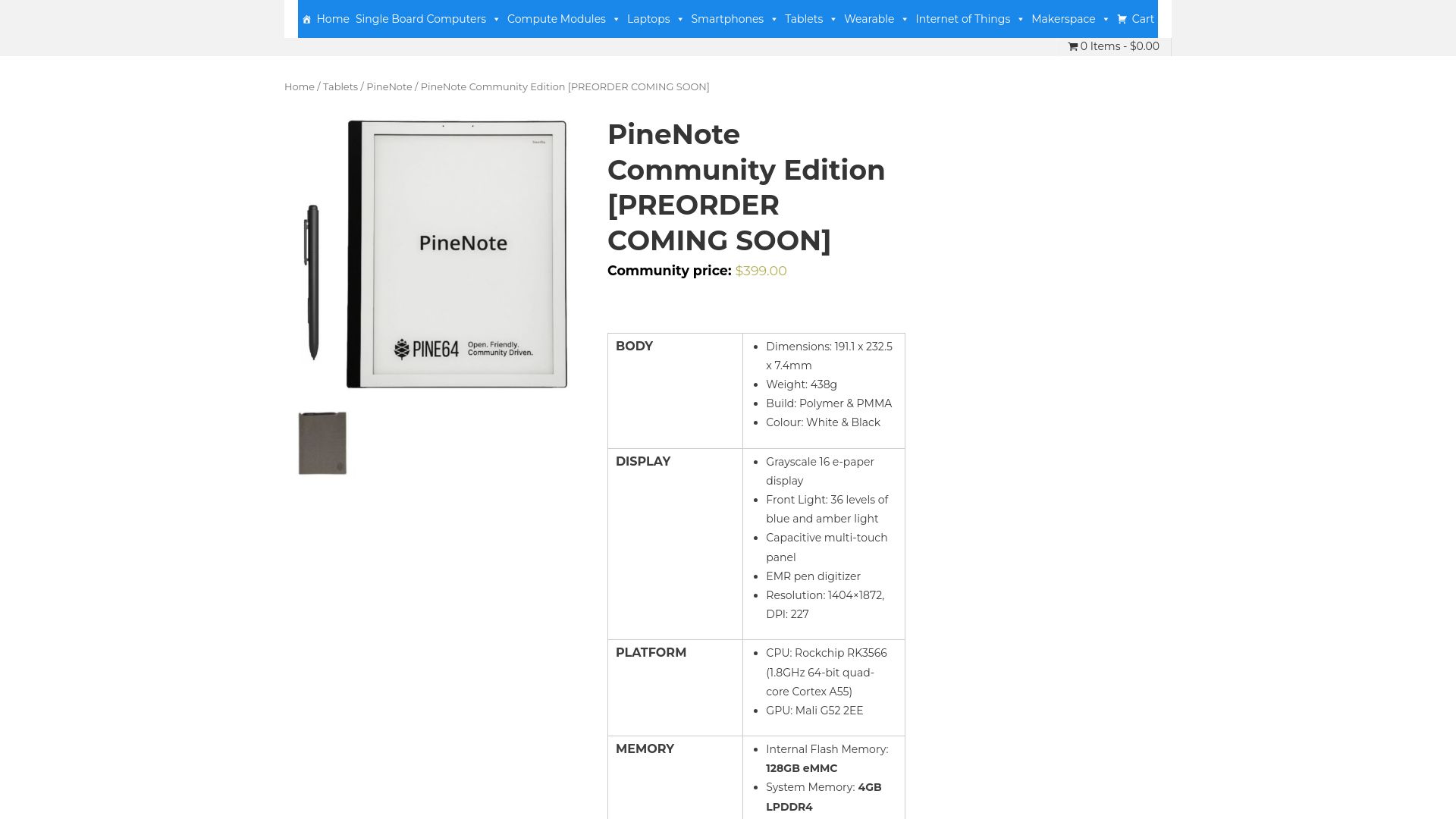 Screenshot of pine64.com: PineNote Community Edition: Preorder coming soon