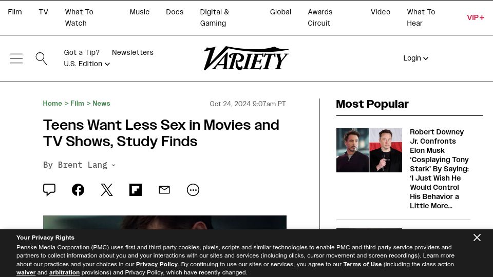 Screenshot of variety.com: Teens Want Less Sex in Movies and TV Shows, Study Finds