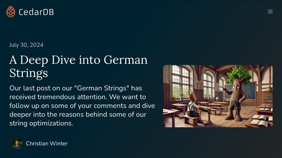 Screenshot of cedardb.com: A Deep Dive into German Strings