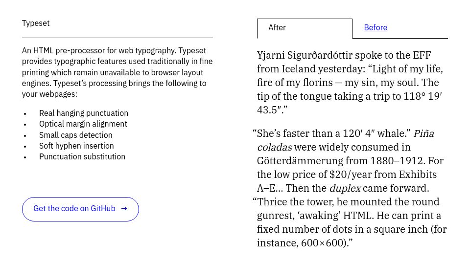 Screenshot of typeset.lllllllllllllllll.com: Typeset: An HTML pre-proces­sor for web ty­pog­ra­phy