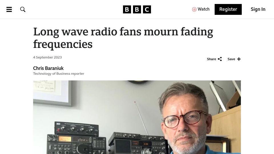 Screenshot of bbc.com: Long wave radio fans mourn fading frequencies (2023)
