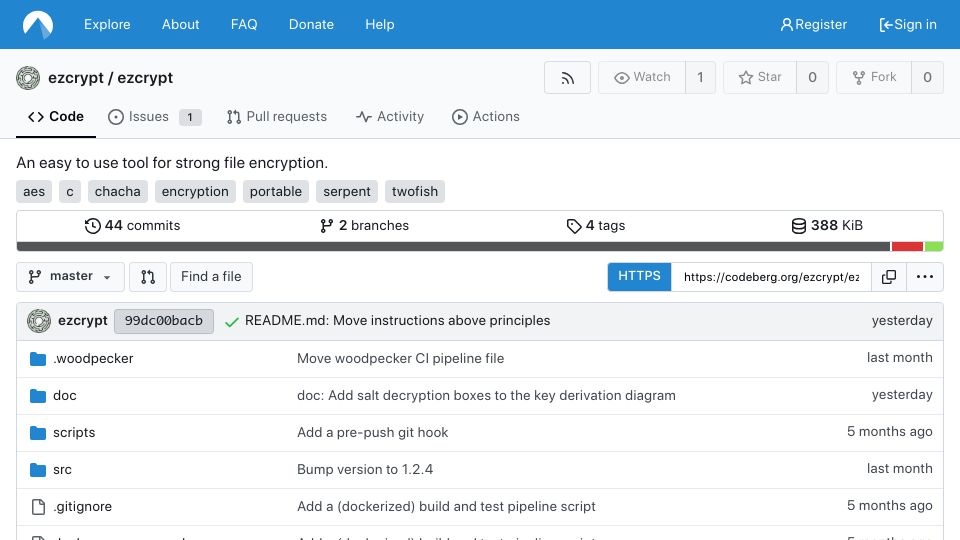 Screenshot of codeberg.org: Show HN: Ezcrypt – A file encryption tool (simple, strong, public domain)