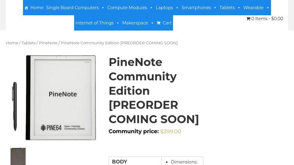 Screenshot of pine64.com: PineNote Community Edition: Preorder coming soon