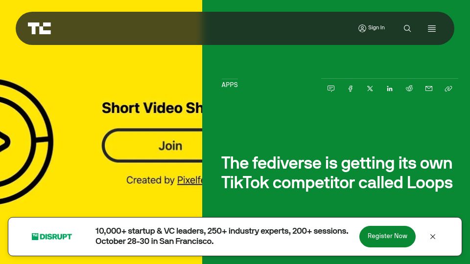 Screenshot of techcrunch.com: The Fediverse is getting its own TikTok competitor called Loops