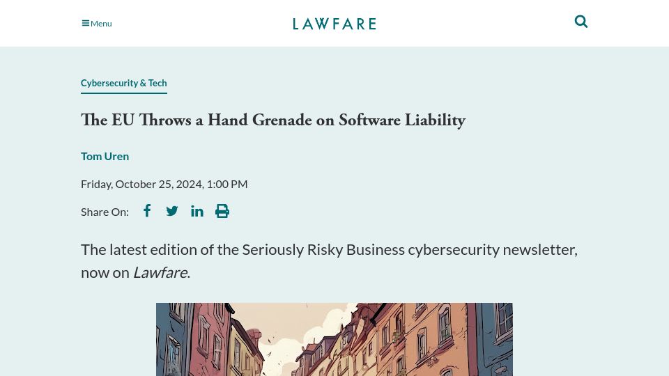 Screenshot of lawfaremedia.org: The EU Throws a Hand Grenade on Software Liability