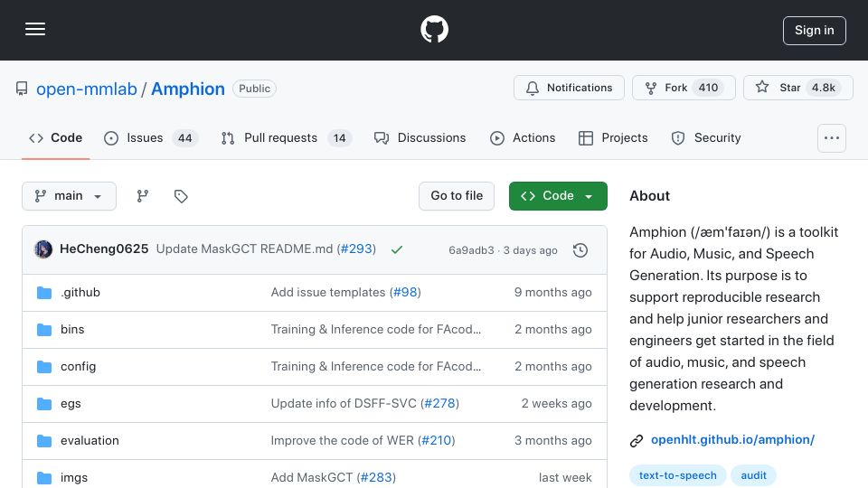 Screenshot of github.com: Amphion: An open-source audio, music, and speech generation toolkit