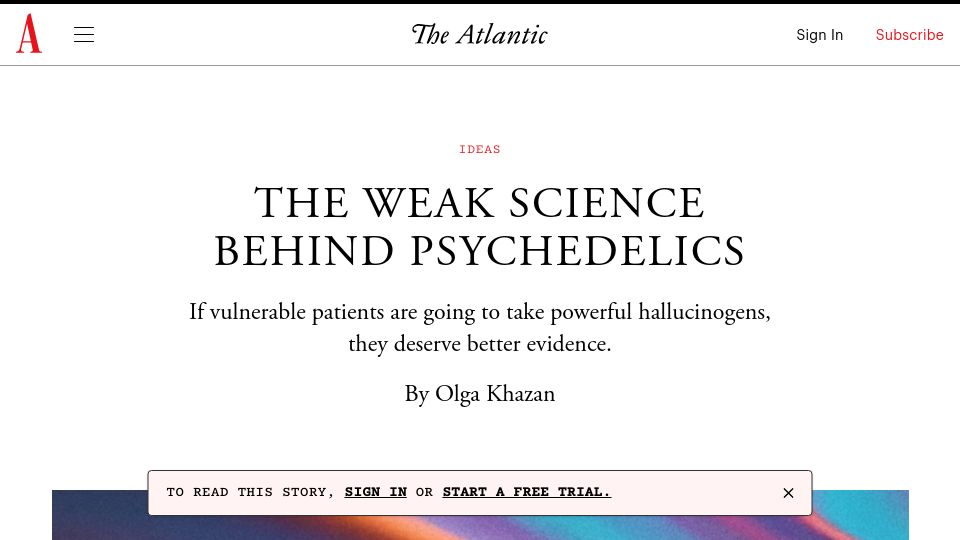 Screenshot of theatlantic.com: The weak science behind psychedelics