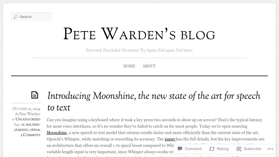 Screenshot of petewarden.com: Moonshine, the new state of the art for speech to text