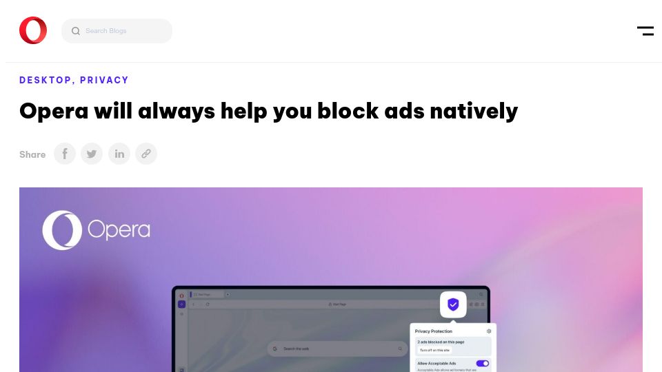 Screenshot of blogs.opera.com: Opera will always help you block ads natively