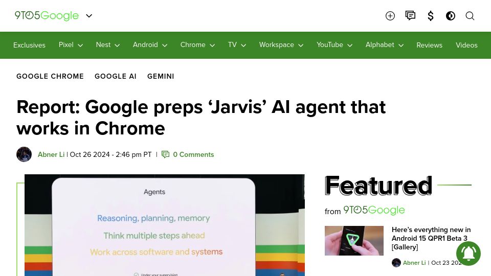 Screenshot of 9to5google.com: Google preps 'Jarvis' AI agent that works in Chrome