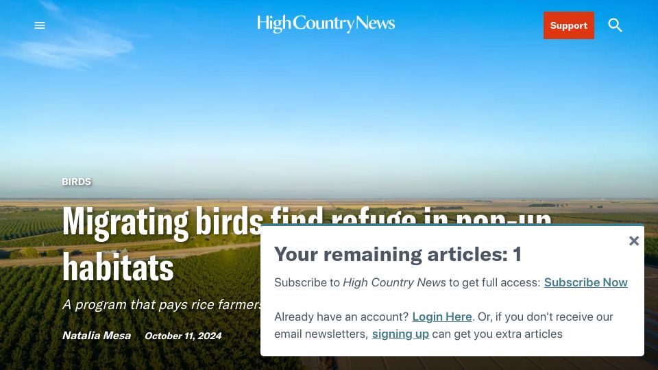 Screenshot of hcn.org: Migrating birds find refuge in pop-up habitats