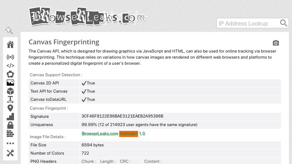 Screenshot of browserleaks.com: Canvas Fingerprinting