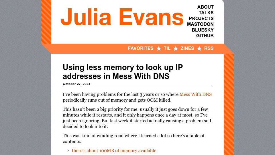 Screenshot of jvns.ca: Using less memory to look up IP addresses in Mess With DNS