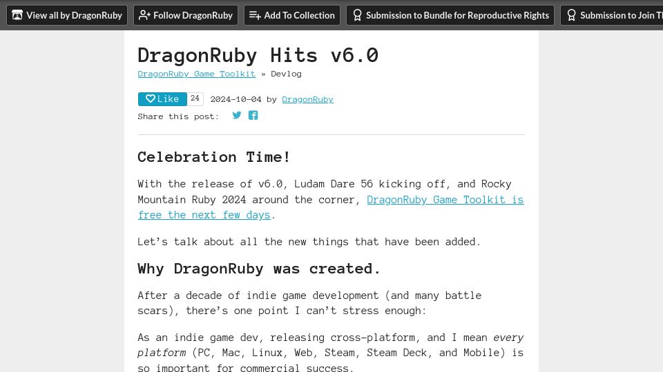 Screenshot of dragonruby.itch.io: DragonRuby Game Toolkit hits v6.0