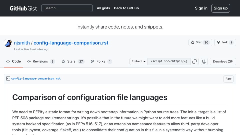 Screenshot of gist.github.com: Comparison of configuration file languages (2016)