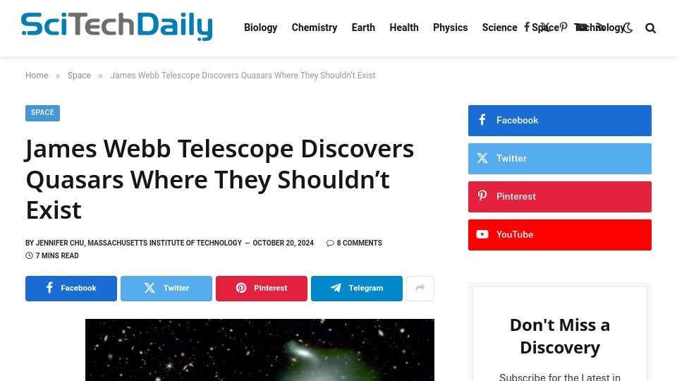 Screenshot of scitechdaily.com: James Webb Telescope discovers some quasars that seem to exist in isolation
