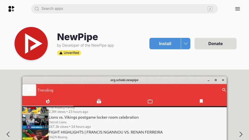 Screenshot of flathub.org: NewPipe on Linux, Using Android_translation_layer