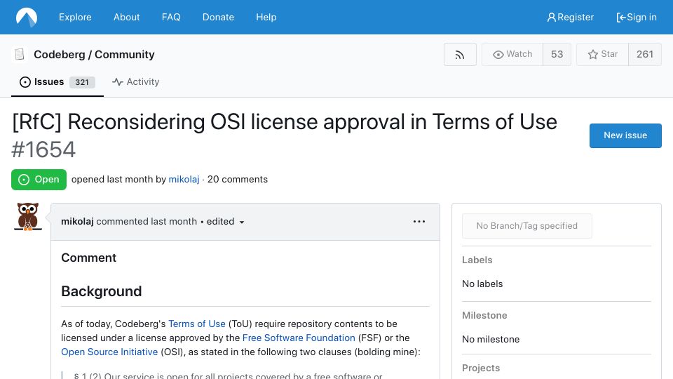 Screenshot of codeberg.org: Codeberg Reconsidering OSI License Approval in Terms of Use