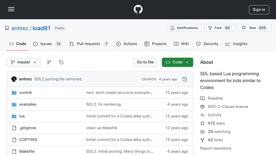 Screenshot of github.com: SDL-based Lua programming environment for kids similar to Codea