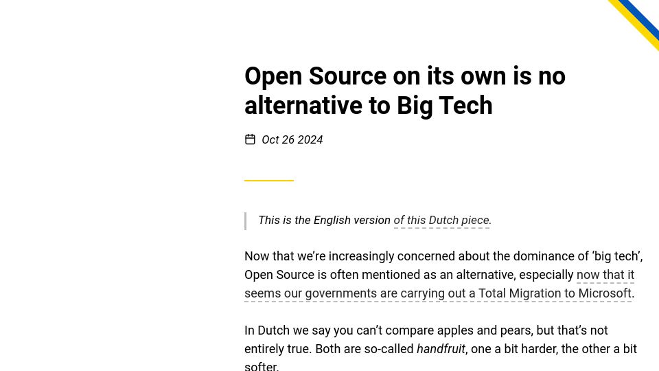 Screenshot of berthub.eu: Open Source on its own is no alternative to Big Tech