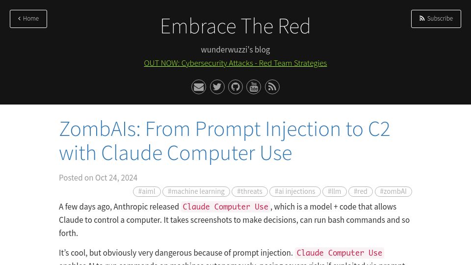 Screenshot of embracethered.com: ZombAIs: From Prompt Injection to C2 with Claude Computer Use