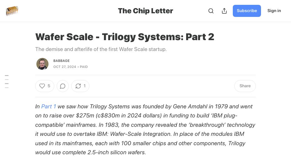 Screenshot of thechipletter.substack.com: Wafer Scale – Trilogy Systems: Part 2